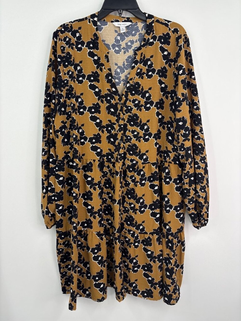 Nine West Floral Long Sleeve Tiered Button Dress Brown Black Size XL